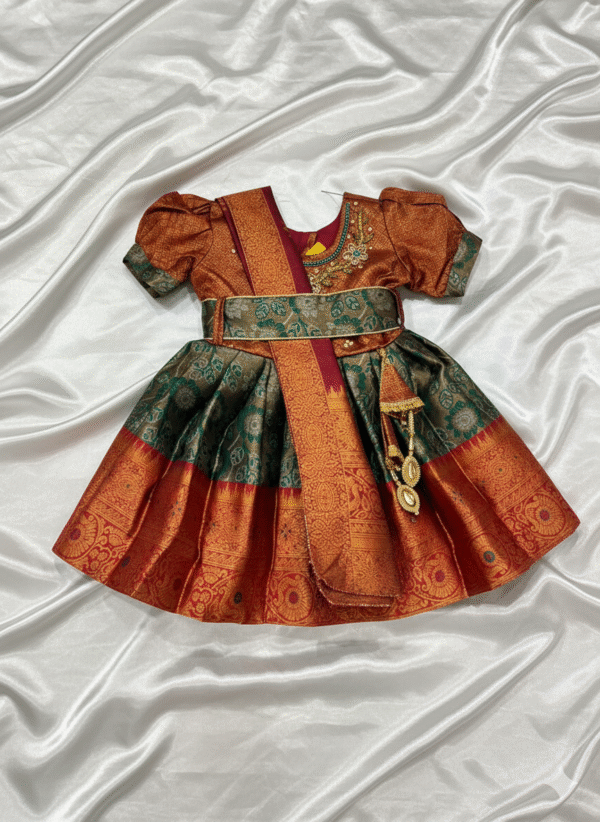 Baby Pattu Frock - Red and Green - Image 2